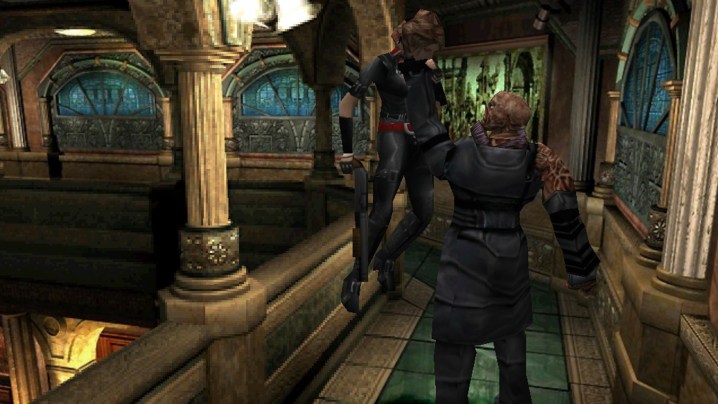 Mr. X attacking Leon and holding him up by his neck in the original Resident Evil 2