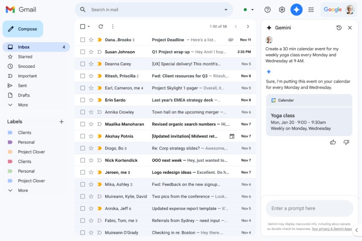 Using Gemini for Calendar access in the Gmail side panel.