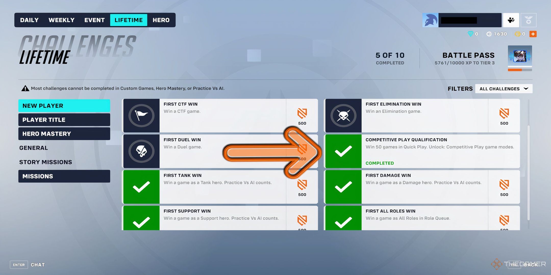 Overwatch 2 challenges menu showing completed Competitive Play Qualification challenge.-1