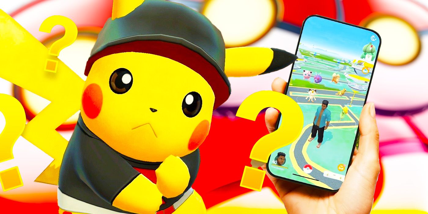 A puzzled Pikachu in a costume surrounded by question marks, next to a phone showing gameplay from Pokémon GO.