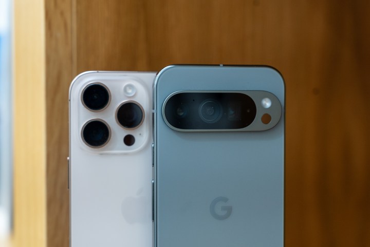 Close up of the cameras on the iPhone 16 Pro and Pixel 9 Pro