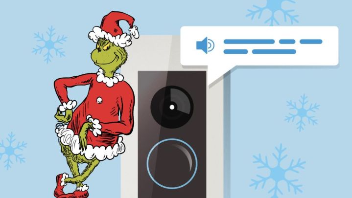 A whimsical cartoon of the Grinch beside a Ring Video Doorbell.