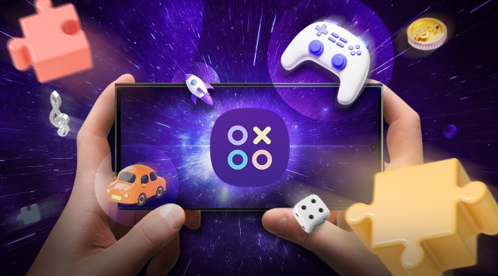 A computer-generated image of a Samsung phone featuring a gaming hub logo, surrounded by game-related symbols such as a controller, dice, and a car.