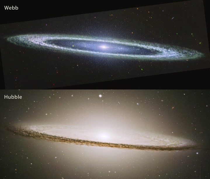 Comparison of the Sombrero Galaxy in mid-infrared light (top) and visible light (bottom). Webb's MIRI showcases the smooth inner disk, whereas Hubble captures the vast glow of the stellar bulge.