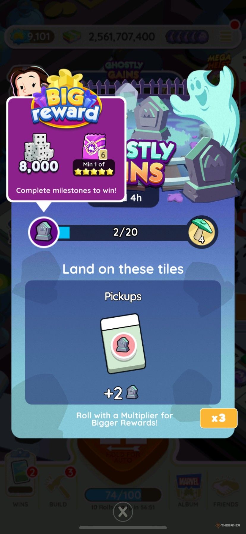 Start screen for Ghostly Gains showing the tombstone reward tokens and the top prize for the event in Monopoly Go.