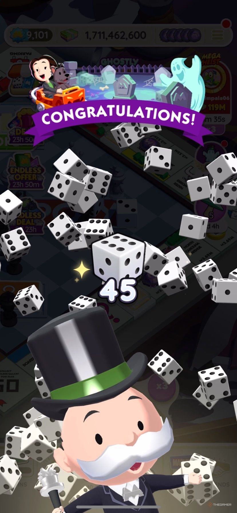 Earning 45 free dice rolls from Ghostly Gains in Monopoly Go.