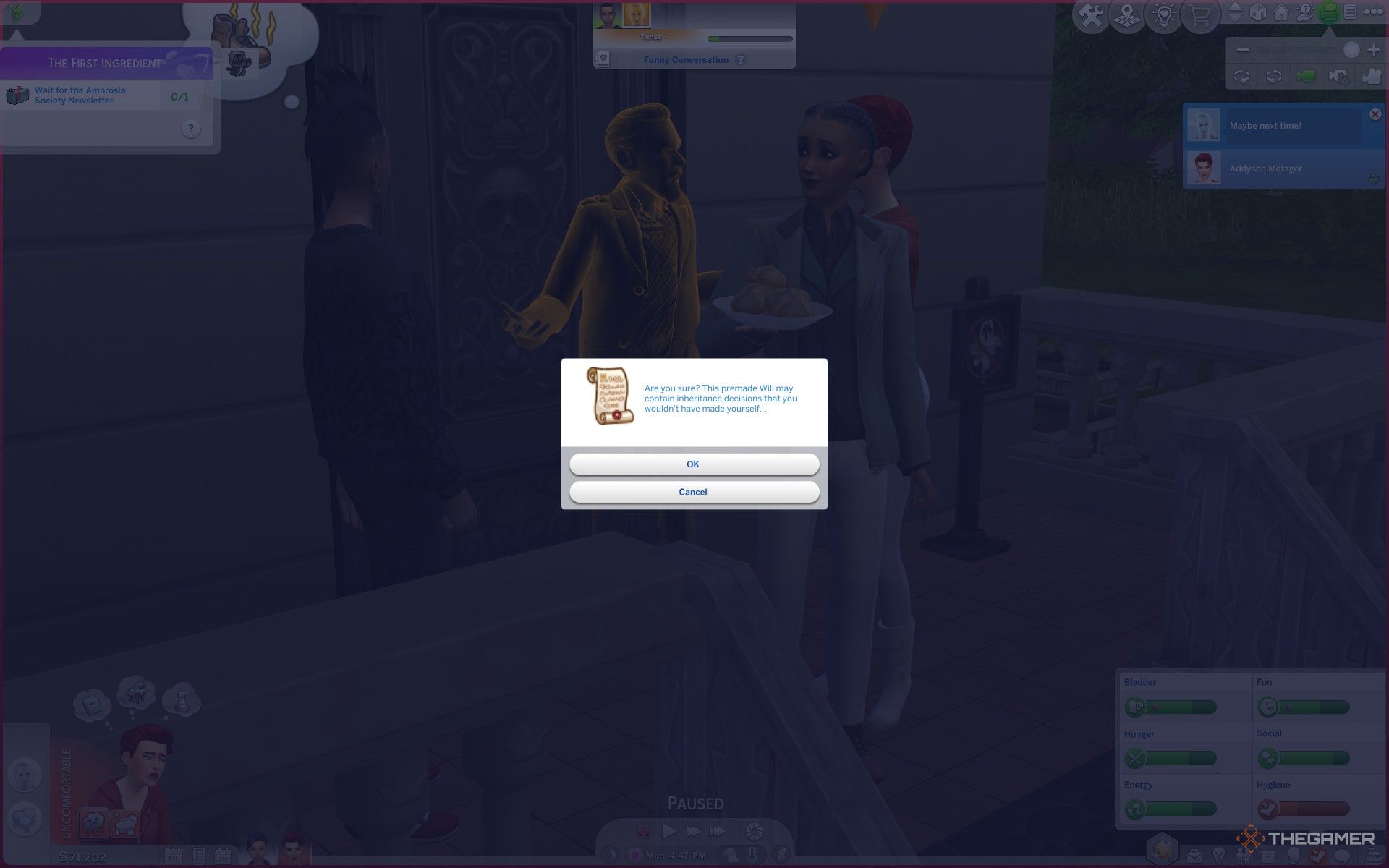 Buying a premade will from the Mysterious Merchant in The Sims 4 Life and Death.