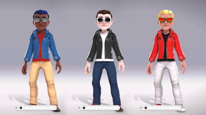 Three Xbox avatars standing side by side, featuring a blue jacket, black jacket, and red jacket.