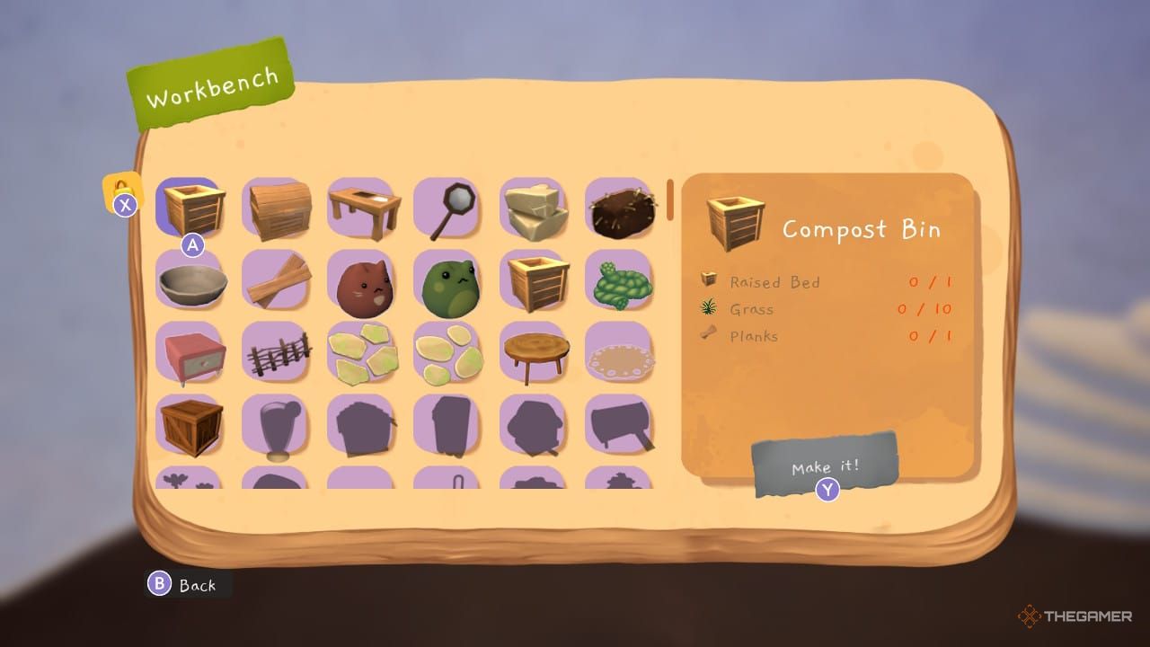 The crafting workbench menu with the compost bin selected in Garden Witch Life.