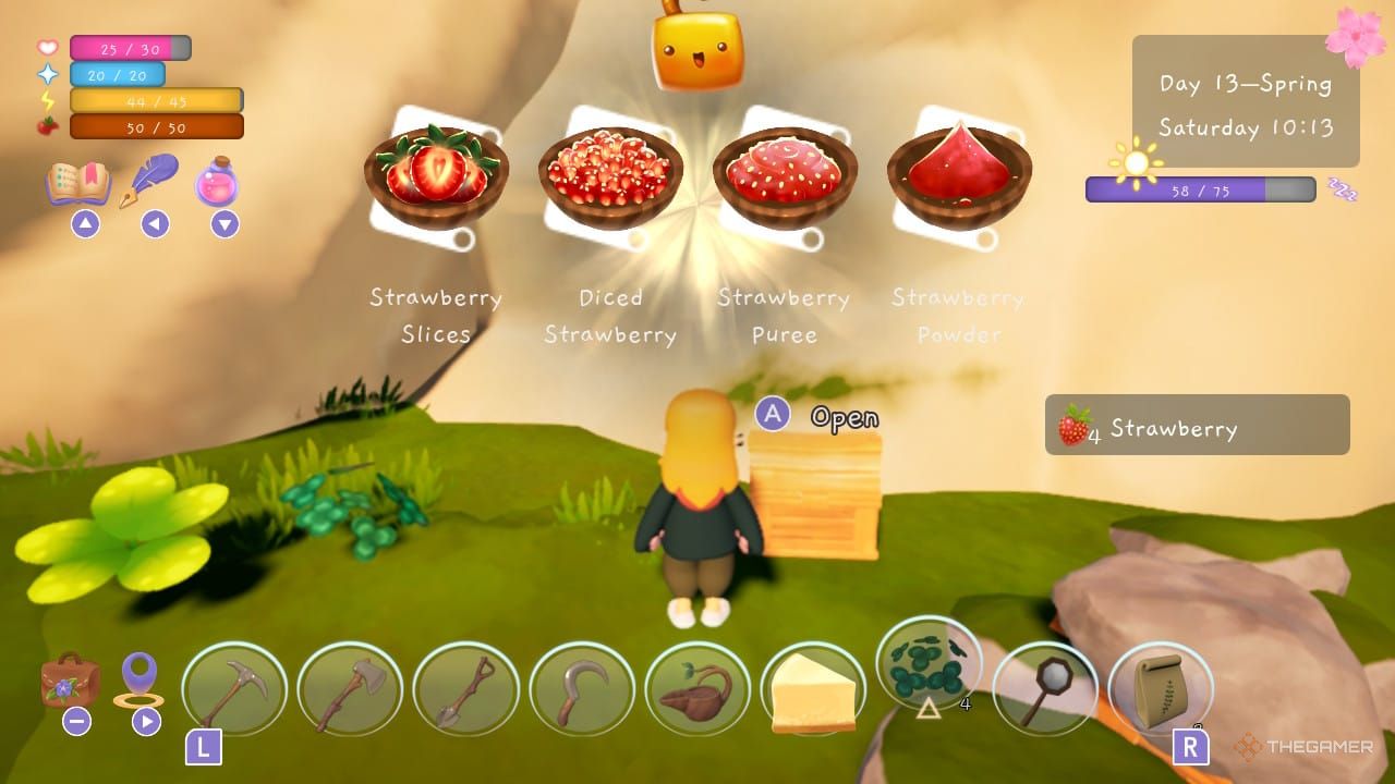 A player unlocking multiple strawberry recipes at once in Garden Witch Life.