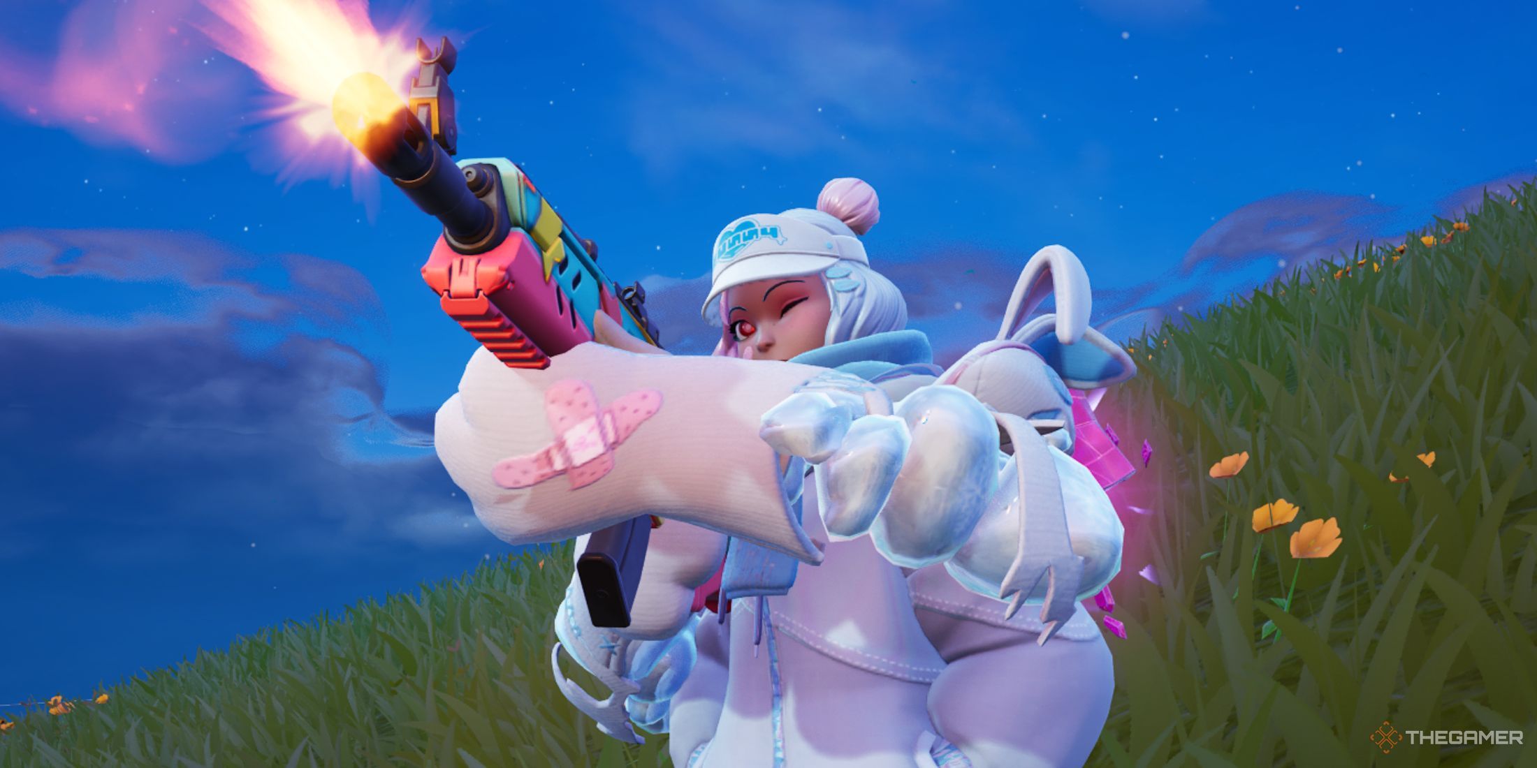 A character in Fortnite shooting an Assault Rifle.