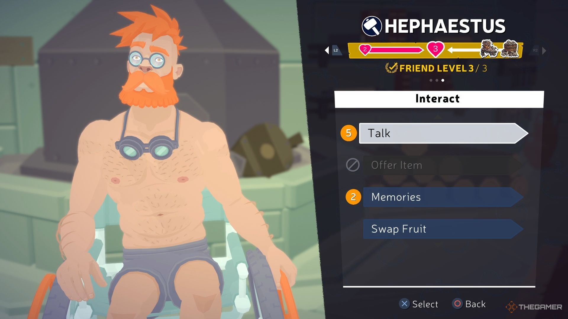 Talking to Hephaestus and scrolling through the interaction menu.