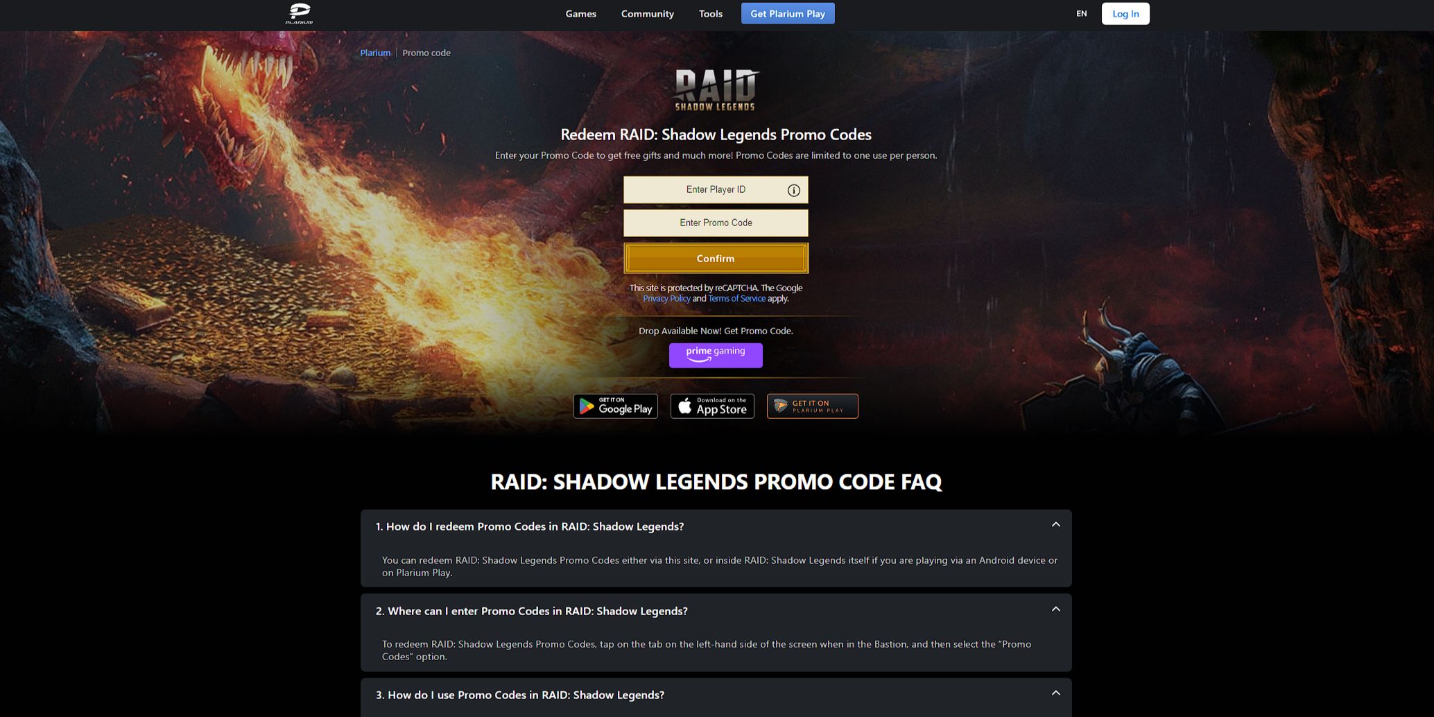 The code redemption screen on the Raid Shadow Legends website