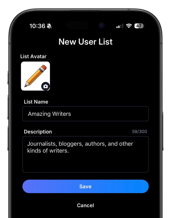 Creating a new User List on the Bluesky app.