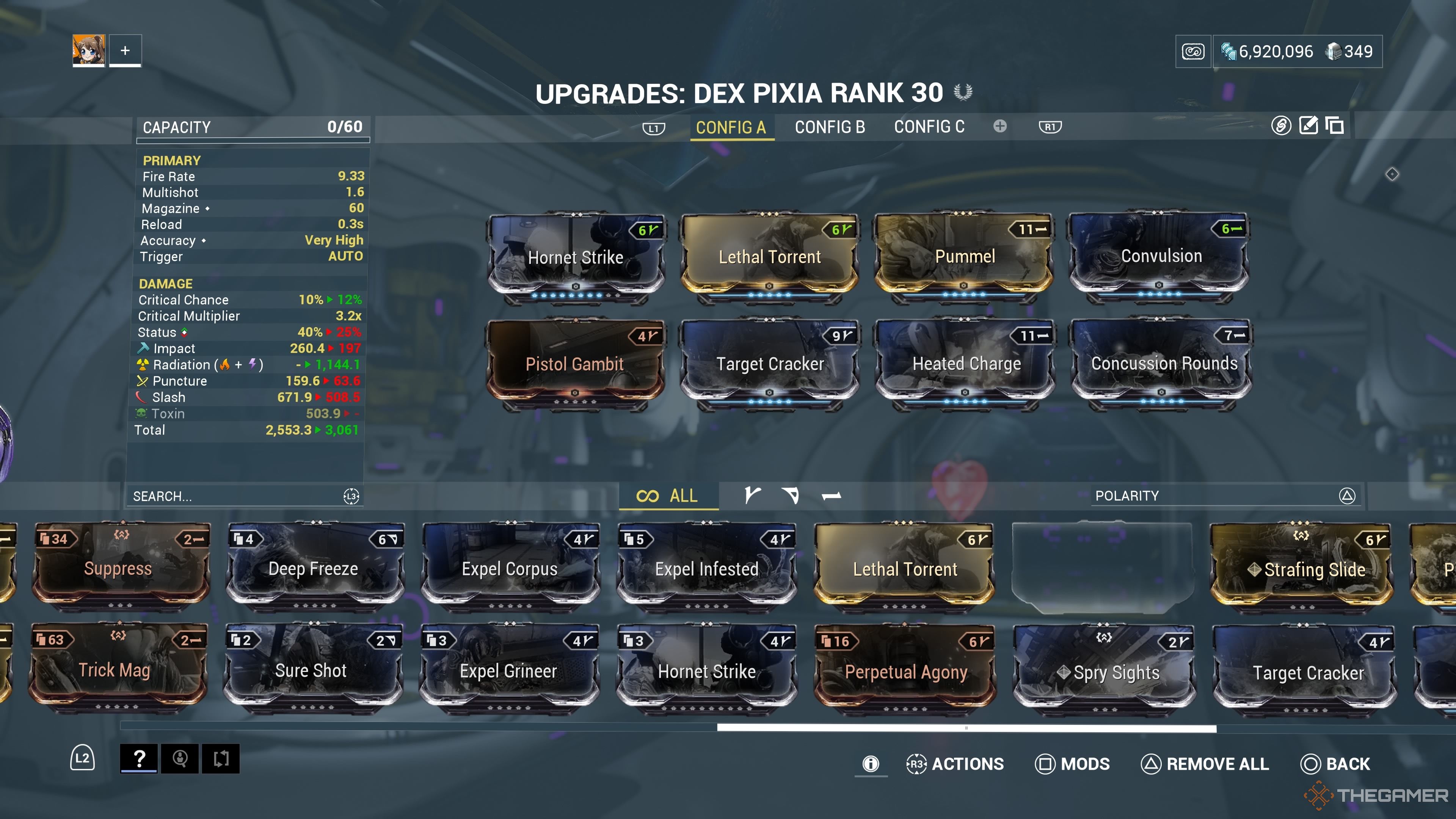 An image showcasing a mod configuration screen for the Dex Pixia within Warframe.