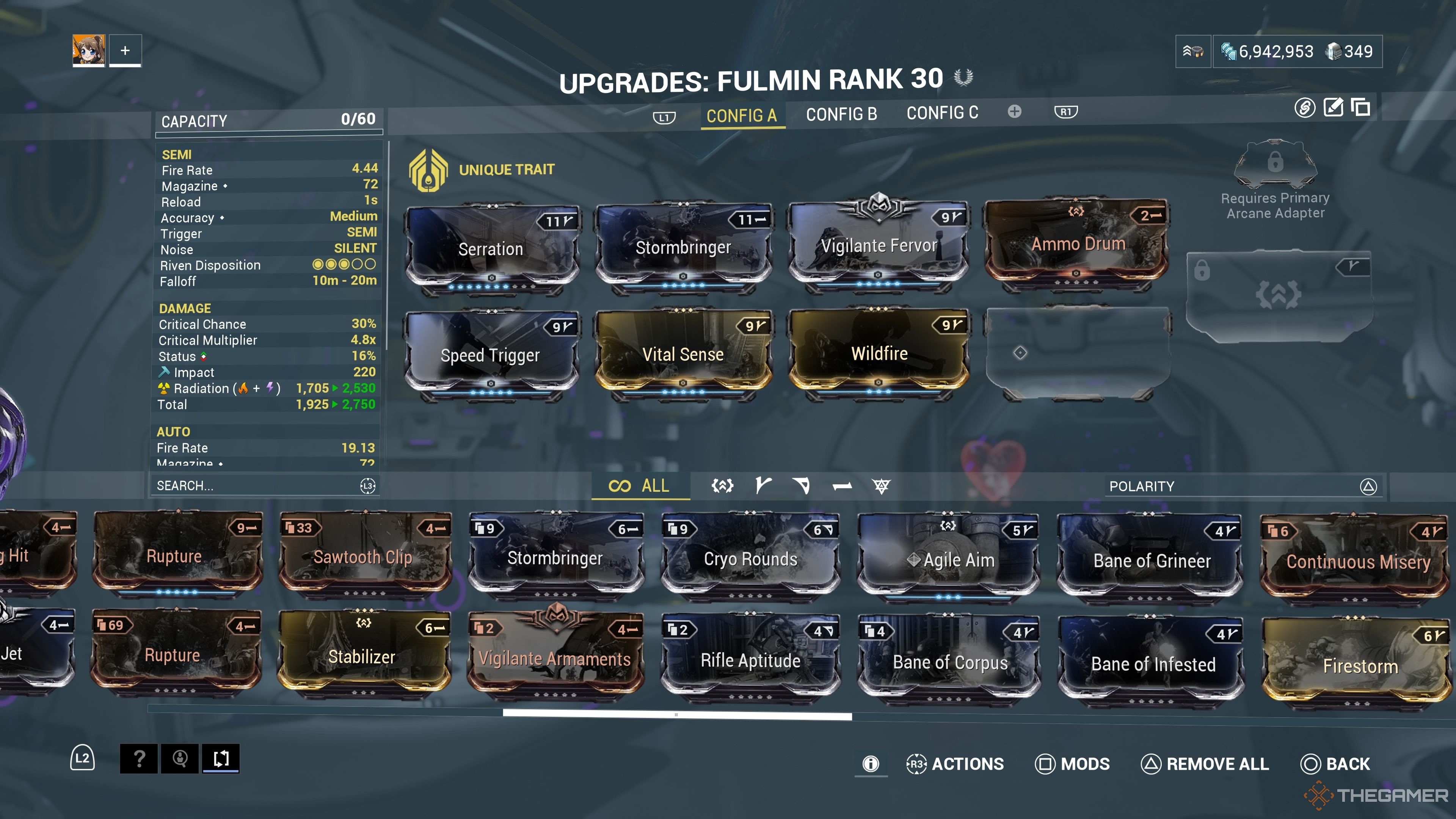 An image showcasing a mod configuration screen for the Fulmin with a focus on radiation and crit damage in Warframe.