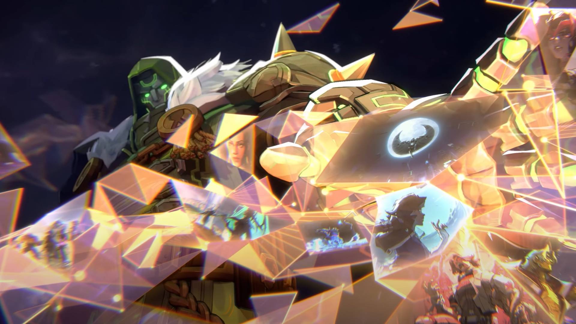 Marvel Rivals launch trailer screenshot showing Doctor Doom and multiple triangular shards showing images of other characters.