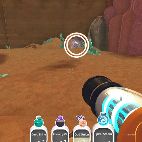 The player is looking at the  treasure pod no 16 at the Dry Reef in Slime Rancher