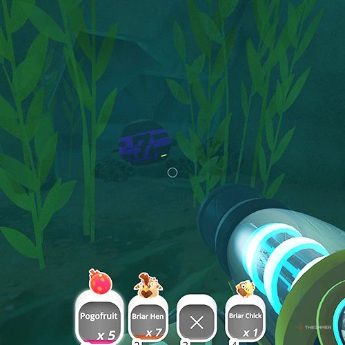 The player is looking at the  treasure pod no 14 at the Moss Blanket in Slime Rancher