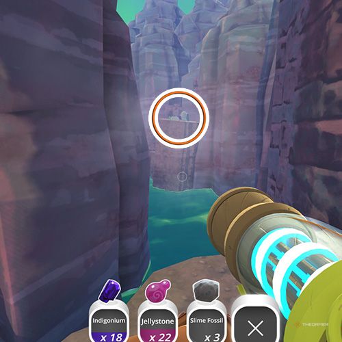 The player is looking at the  treasure pod no 13 at the Indigo Quarry in Slime Rancher