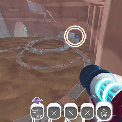 The player is looking at the  treasure pod no 4 at the Glass Desert in Slime Rancher