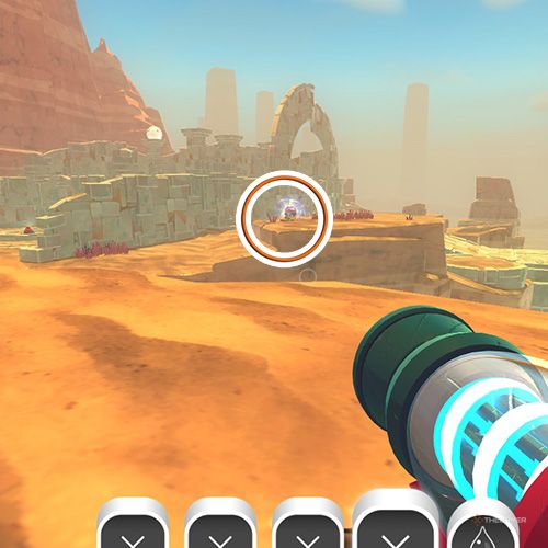 The player is looking at the  treasure pod no 20 at the Glass Desert in Slime Rancher