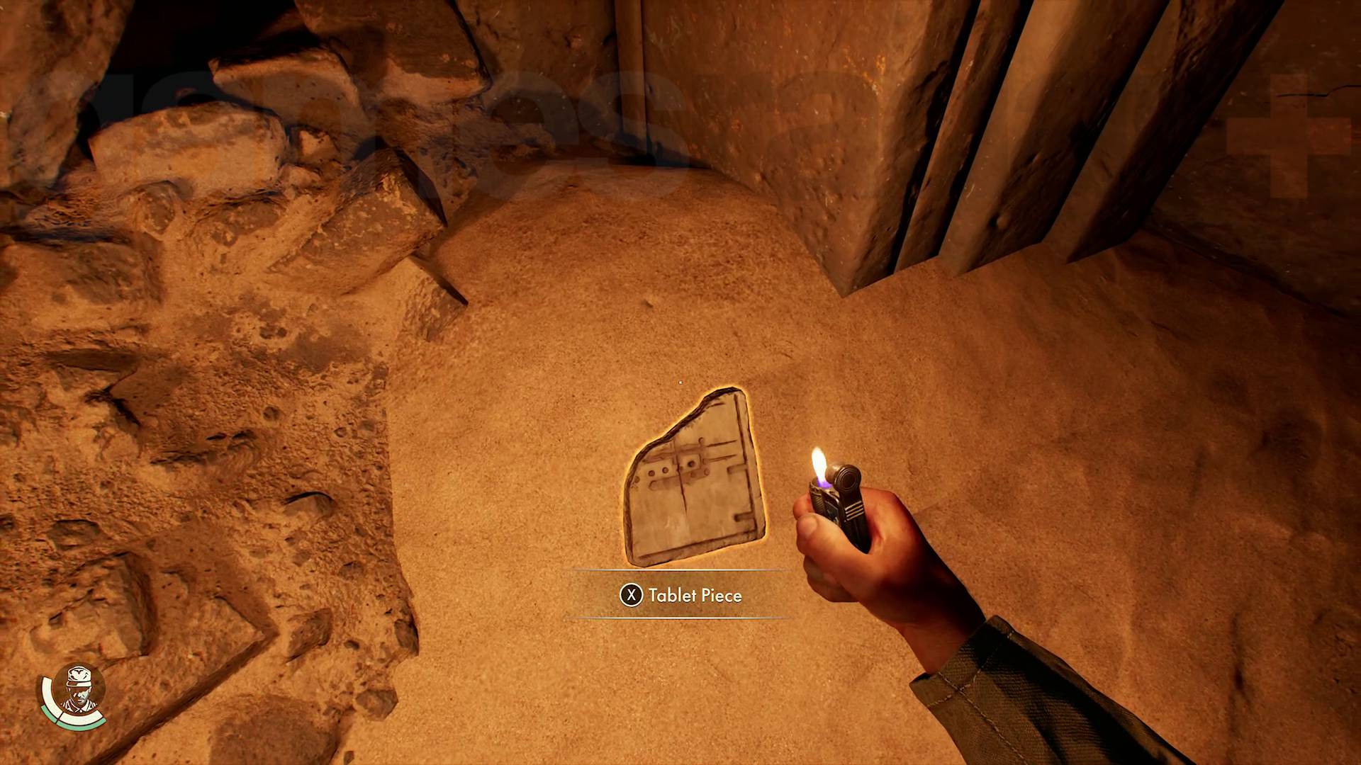 Indiana Jones and the Great Circle Chamber of Resonance, a tablet piece illuminated by a lighter