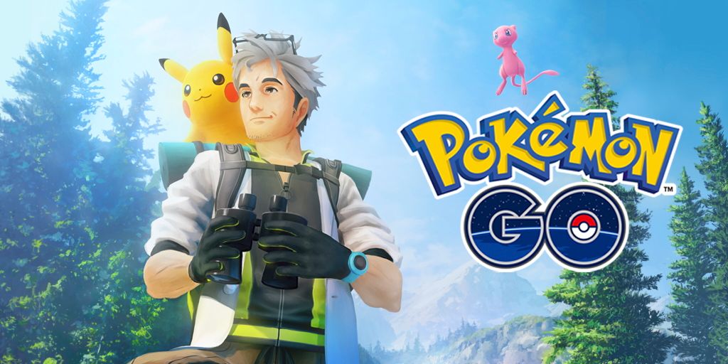 Professor Willow with Pikachu, Mew, and Pokémon Go logo