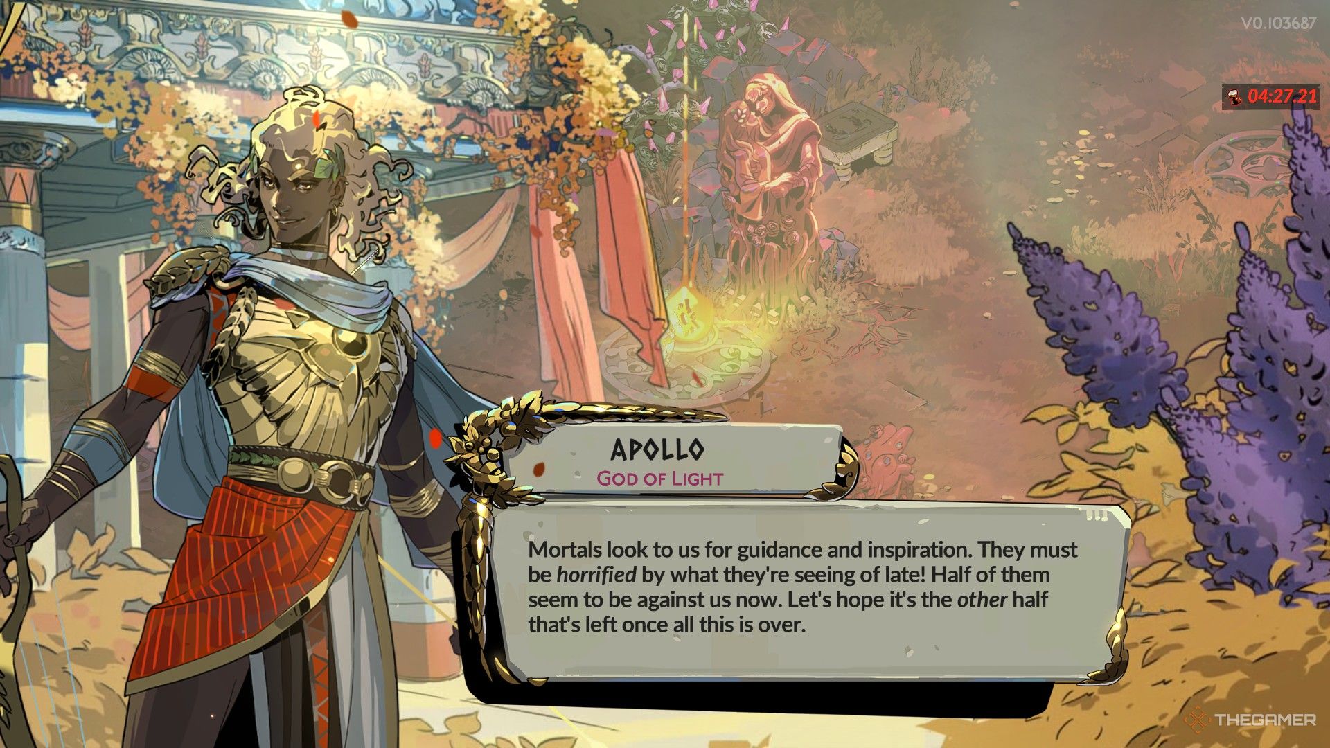 Apollo in the Trial of Haste. He mentions that mortals should seek the gods for guidance, noting that many have turned against them. The timer indicates 4:27:21.