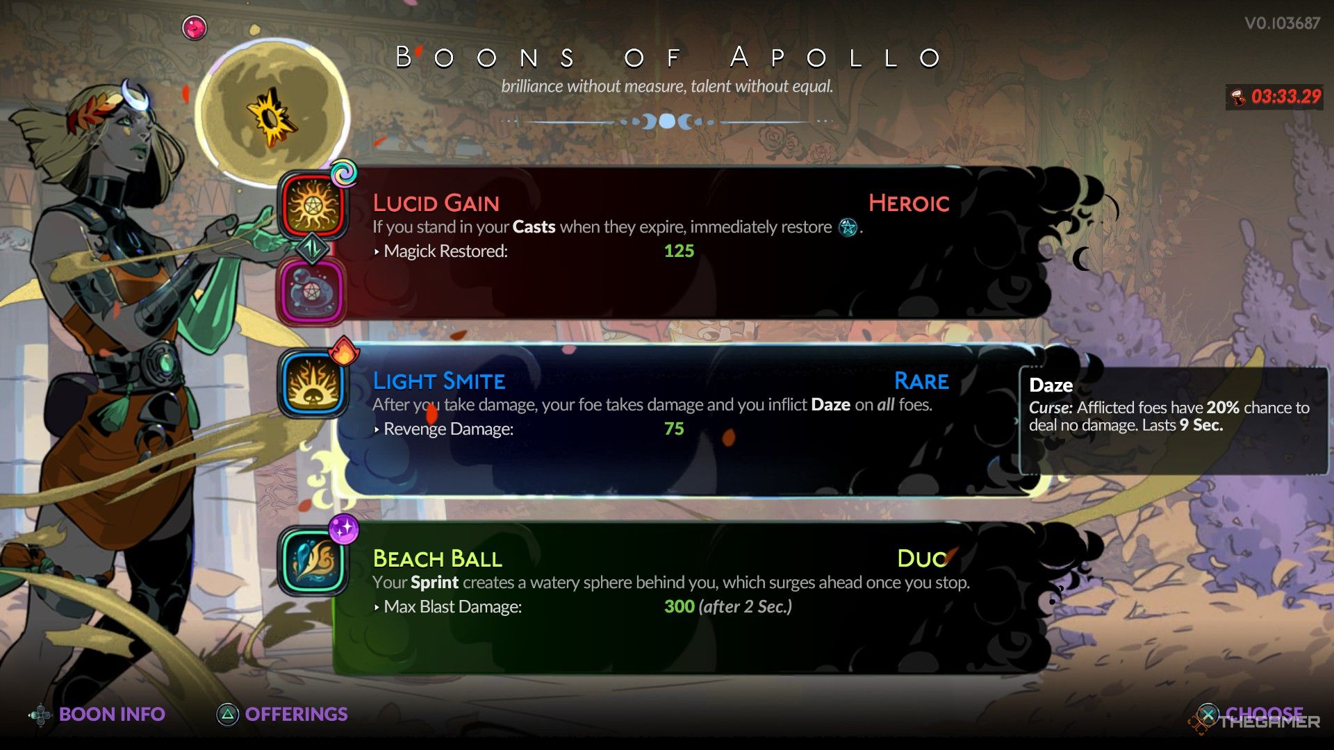 Boons of Apollo in the Trial of Haste. The options include Lucid Gain, Light Smite, or Beach Ball, with Light Smite selected.