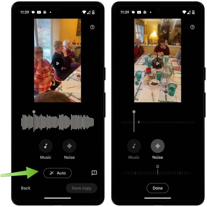 Screenshots showing how to use Audio Magic Eraser on Google devices.