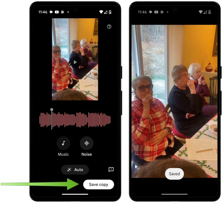 Screenshots showing how to use Audio Magic Eraser on Google devices.