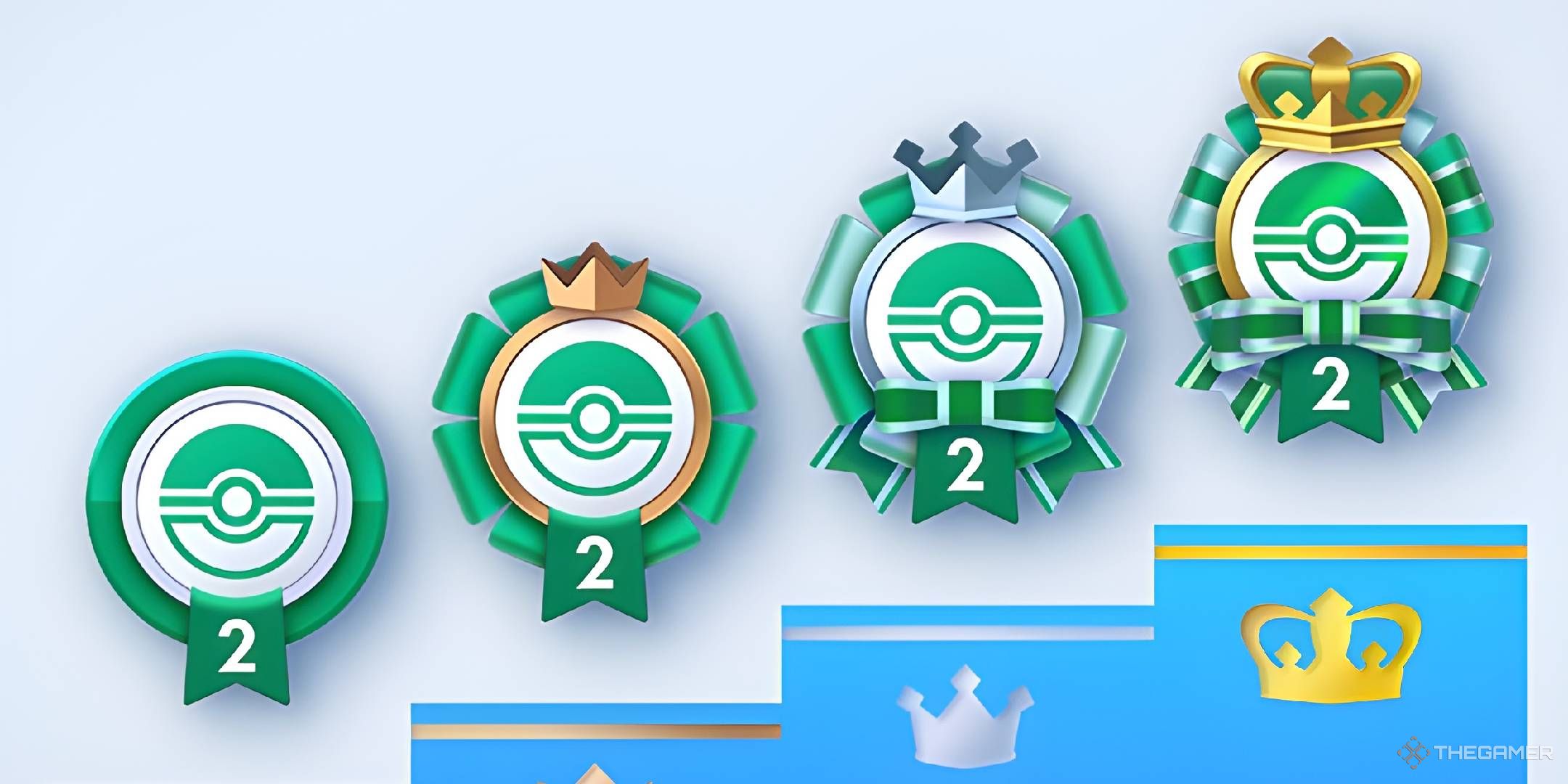 A podium displaying the four tiers of Mythical Island emblems, from Participation on the left to Gold on the right.