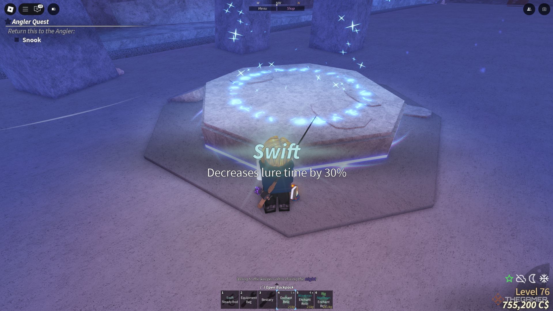 The player character uses Enchant Relic on the Keepers Altar and receives Swift enchantment in Fisch.