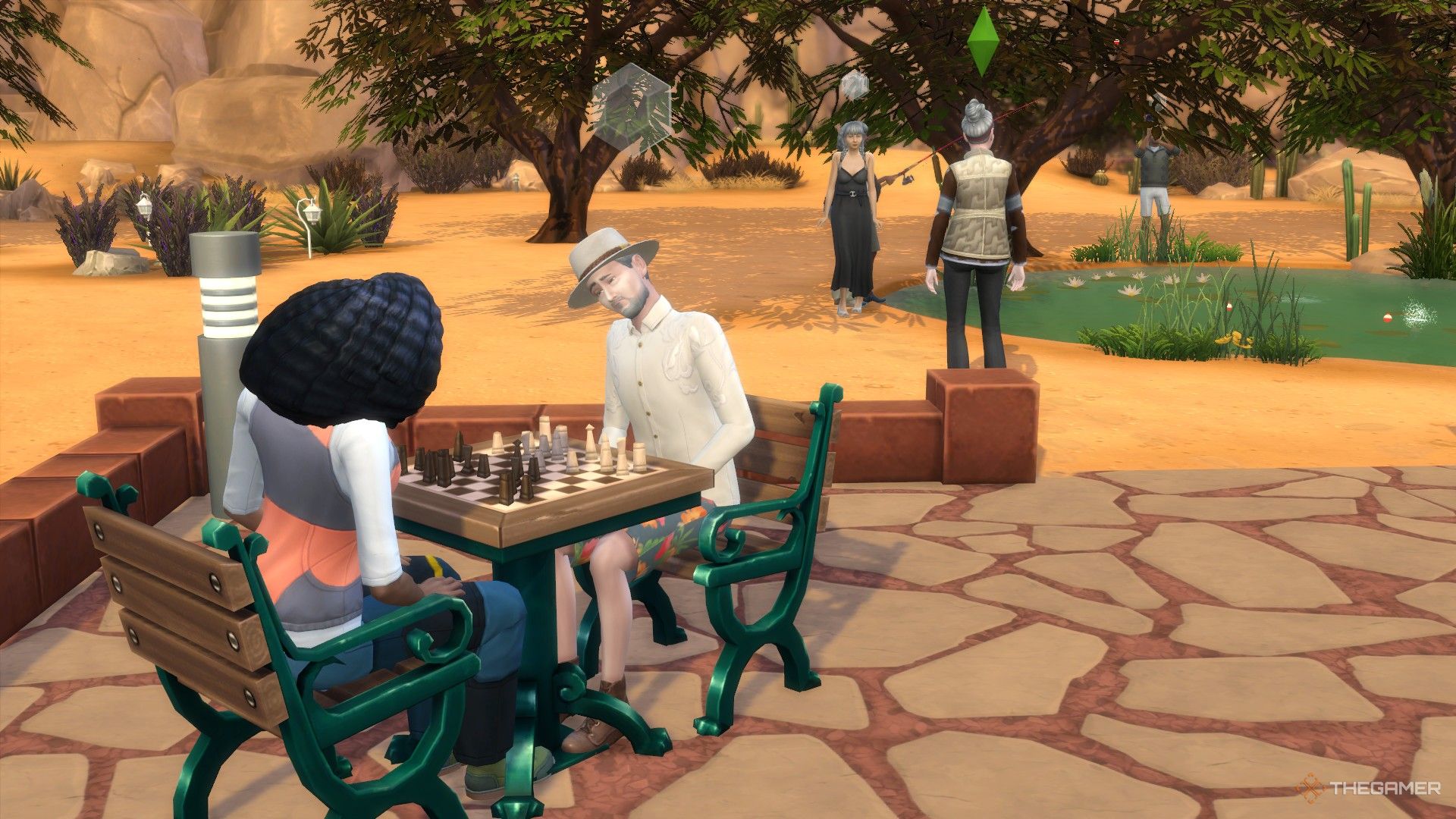 Sims playing chess and fishing at the park in Oasis Springs.