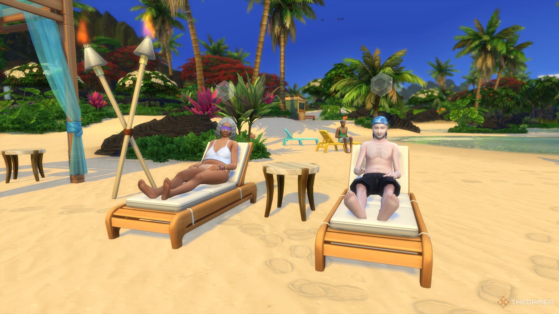 Three elderly Sims relaxing on the beach in Sulani.