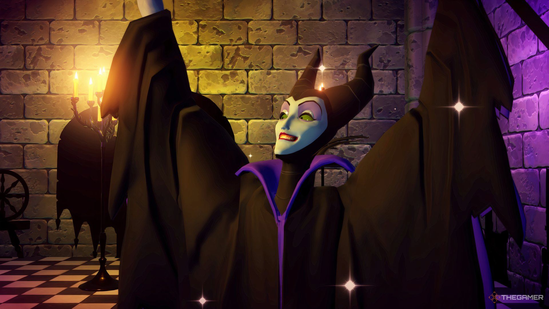 Maleficent cheering inside her castle.