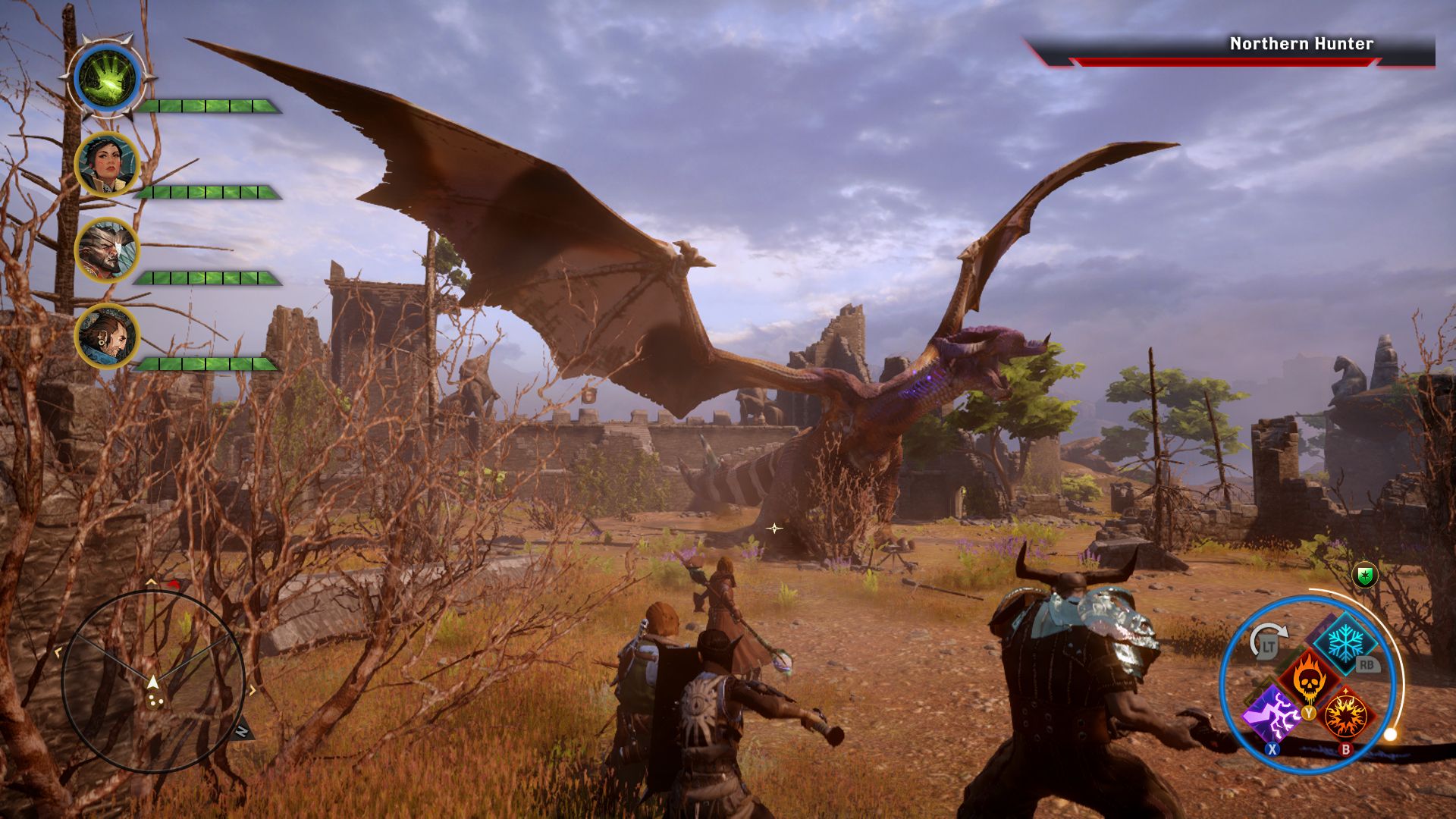 Dragon Age Inquisition screenshot of party fighting the Northern Hunter dragon.