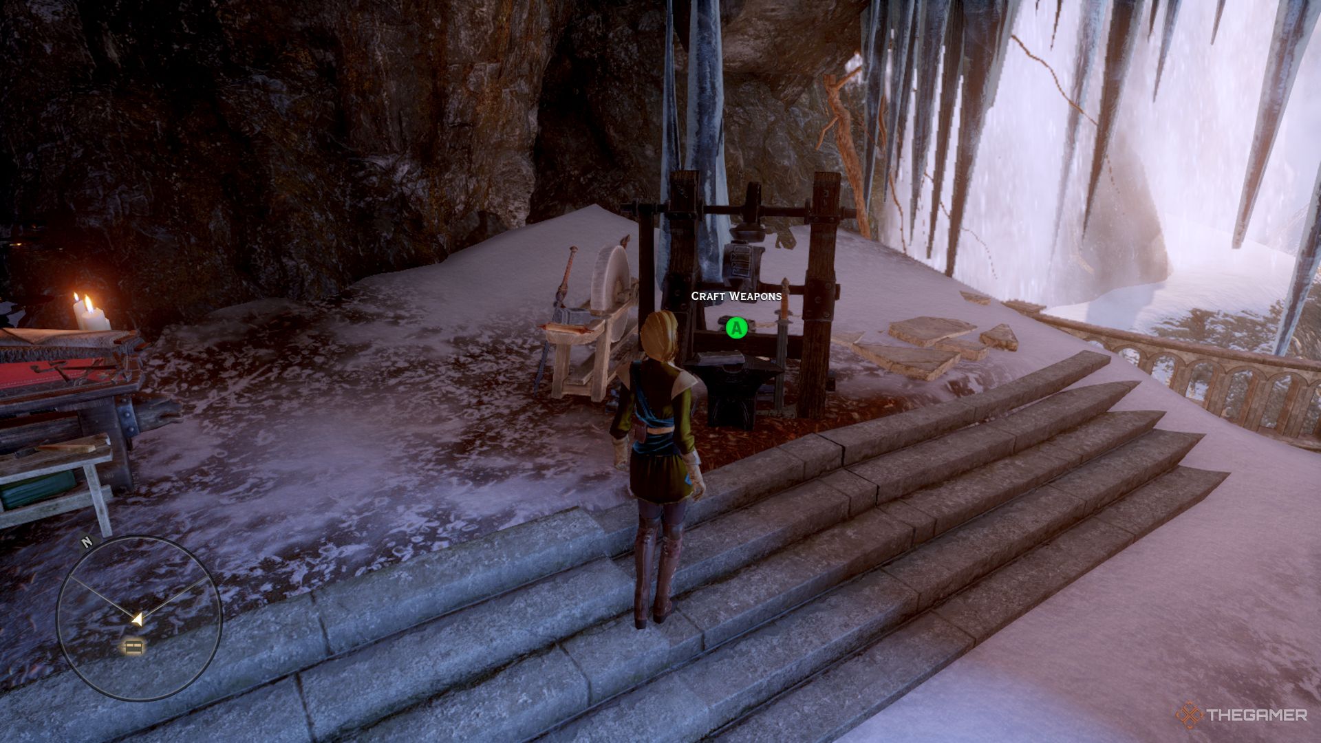 Screenshot of the Inquisitor at the craft weapons station in Dragon Age Inquisition.