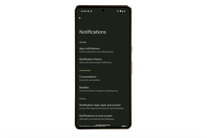 Notification settings in Android 16