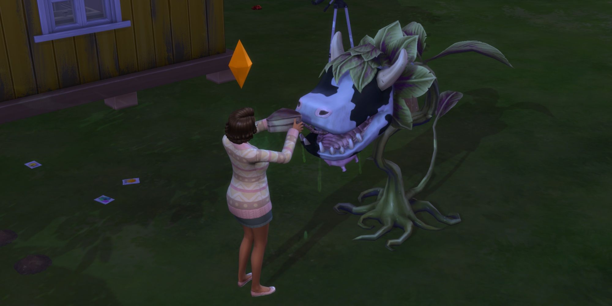 Sim grabbing a Cowplant cake in The Sims 4.