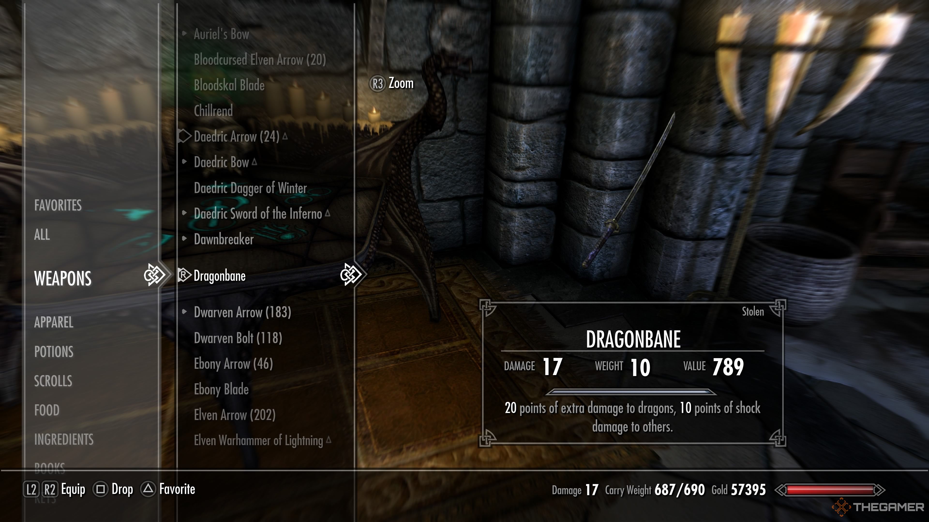 An inventory screen showing the Dragonbane with a base damage of 17, weight of 10, value of 789, and a bonus damage to dragons and other enemies.