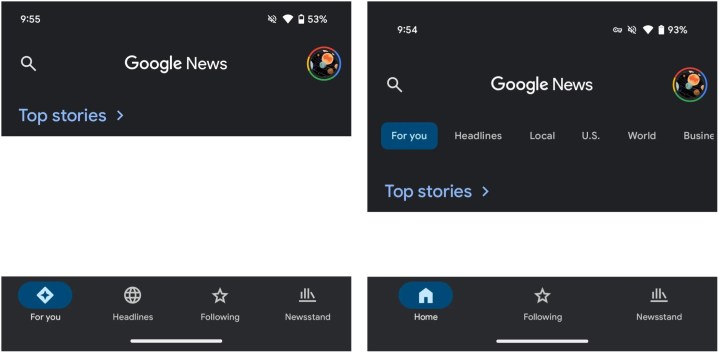 Comparison of the old and new Google News interfaces.