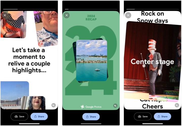 Screenshots showing Google Photos' 2024 Year in Review feature.