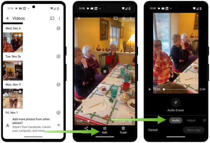 Screenshots showing how to use Audio Magic Eraser on Google phones.