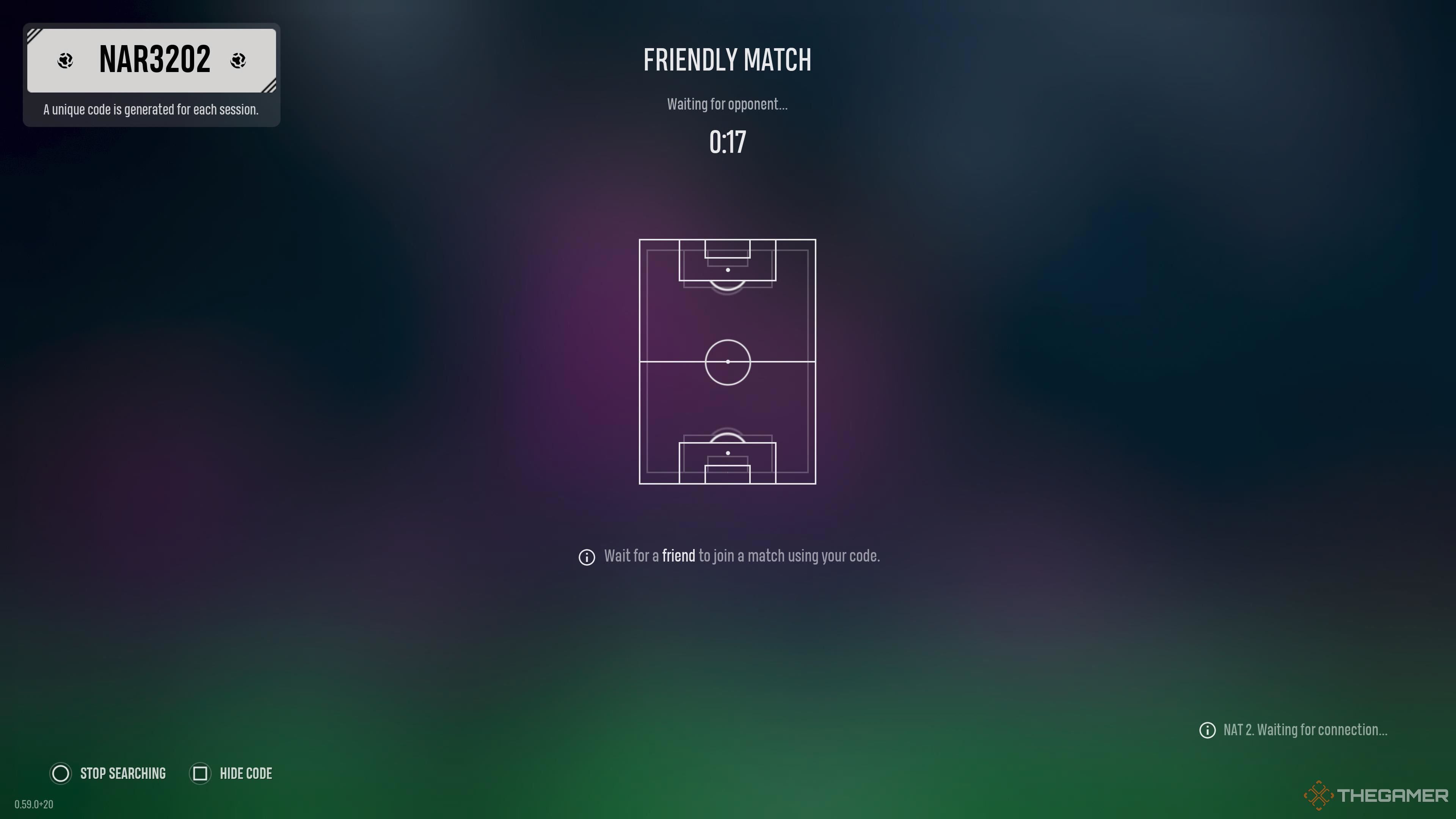 The multiplayer match search showing a lobby code in UFL.