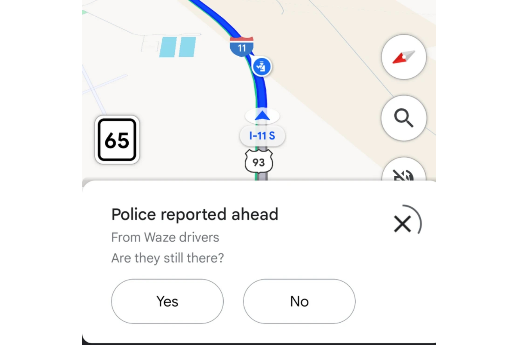 Waze incident report appearing in Google Maps.