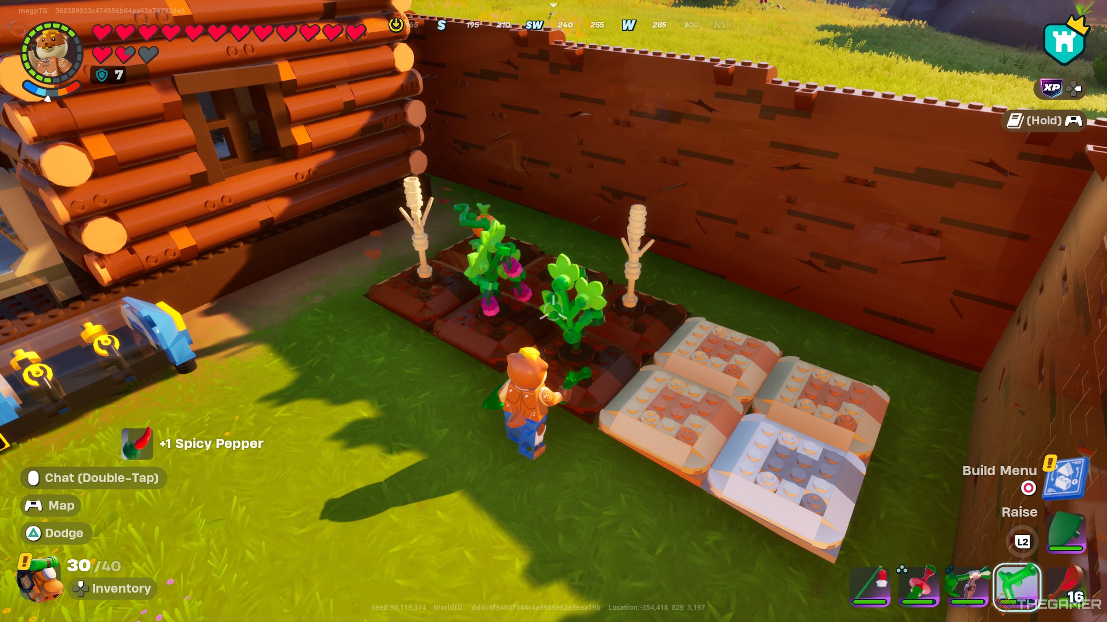 Doughberman beside some Garden Plots in Lego Fortnite Odyssey.