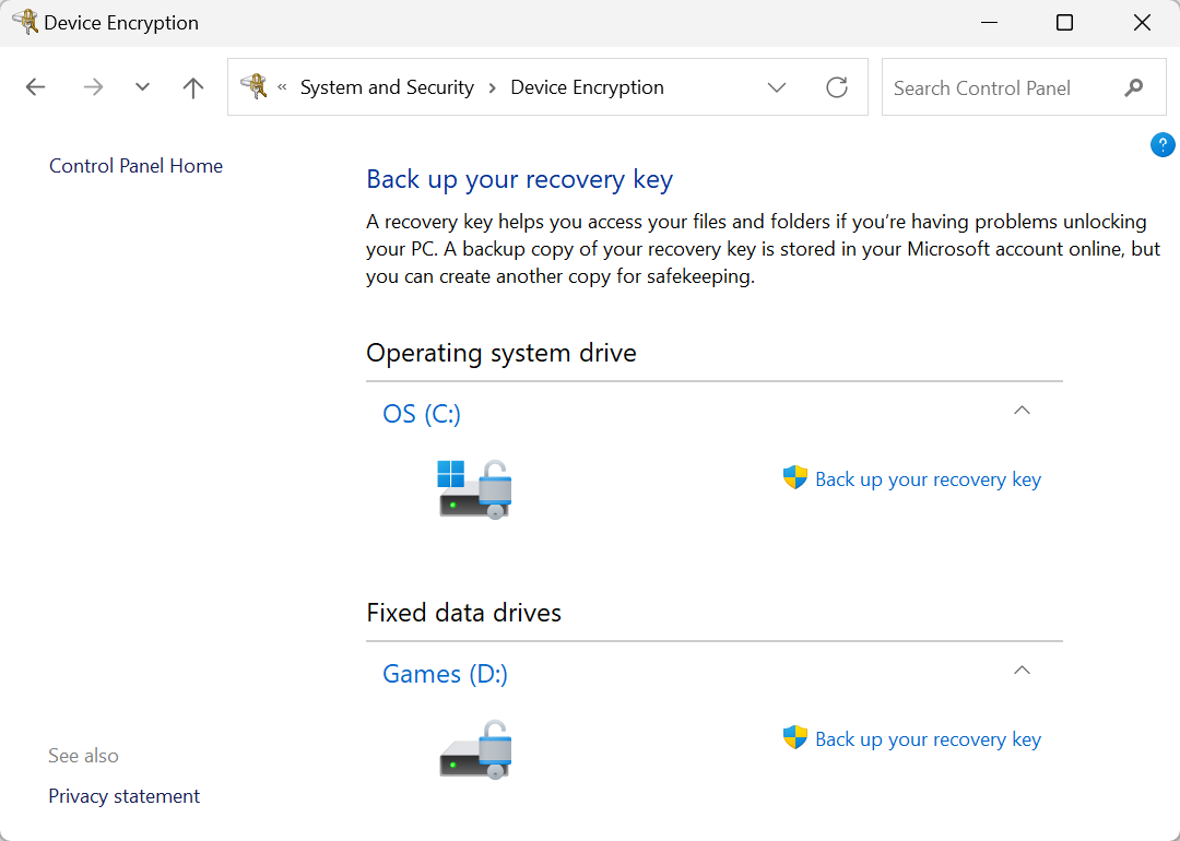 Windows 11 Device Encryption options in Control Panel screenshot