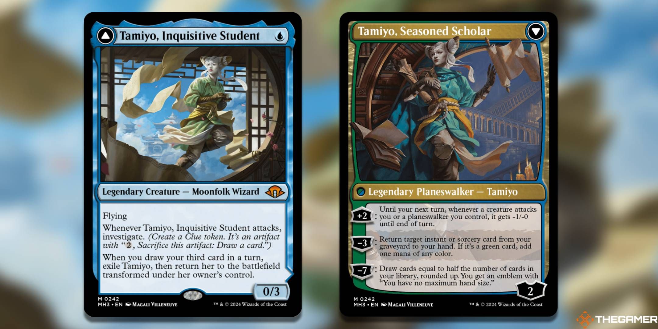 Tamiyo, Inquisitive Student + Tamiyo, Seasoned Scholar Magic: The Gathering cards.